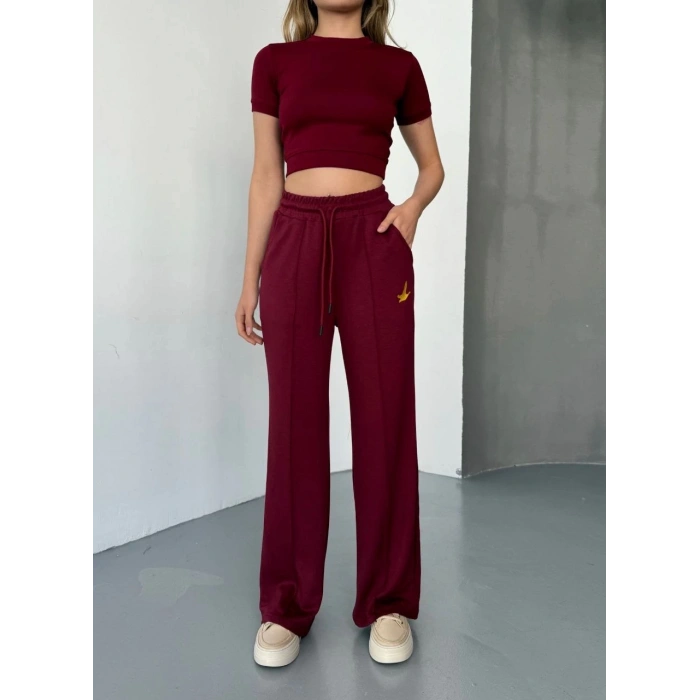 Osy Modal Yumuşak Dokulu Kumaş Nakış işlemeli Rahat Bol Paça Eşofman Pantalon - Bordo