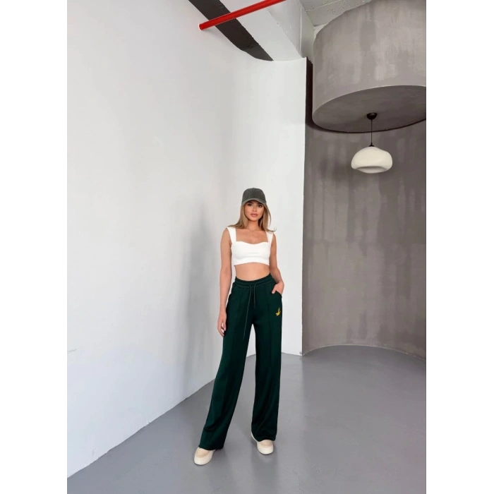 Osy Modal Yumuşak Dokulu Kumaş Nakış işlemeli Rahat Bol Paça Eşofman Pantalon - Yeşil