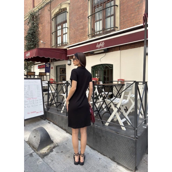 Osy Modal Yumuşak Dokulu Kumaş Yakalı Kısa Kollu Elbise - Siyah