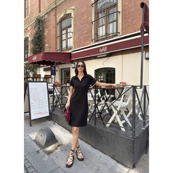 Osy Modal Yumuşak Dokulu Kumaş Yakalı Kısa Kollu Elbise - Siyah