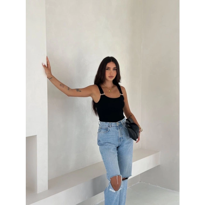 Ottoman toka askılı bluz siyah s4194