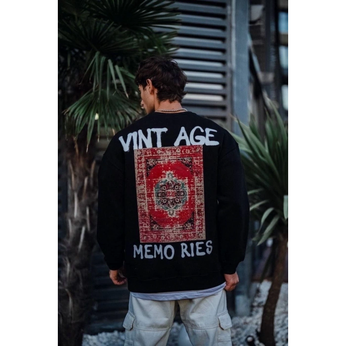 Oversize Bisiklet Yaka Üç İplik Baskılı SweatShirt - Siyah