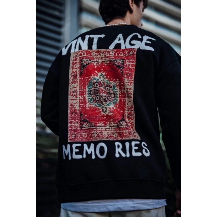 Oversize Bisiklet Yaka Üç İplik Baskılı SweatShirt - Siyah