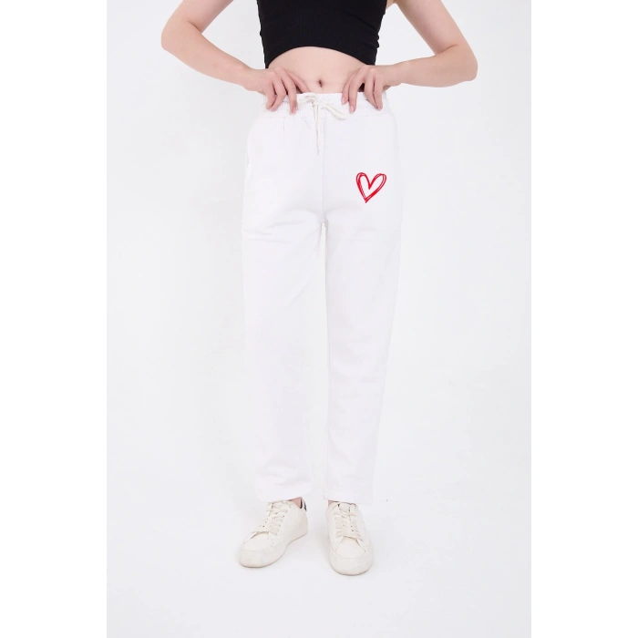 Kadın Üç İplik Pamuklu  Baskılı Paçası Lastikli Cepli Eşofman Pantolon - Beyaz