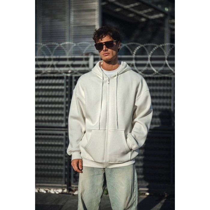 Oversize Tam Fermuarlı Uzun Kol Hırka - Beyaz