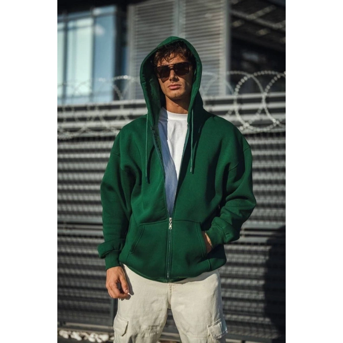 Oversize Tam Fermuarlı Uzun Kol Hırka - Haki