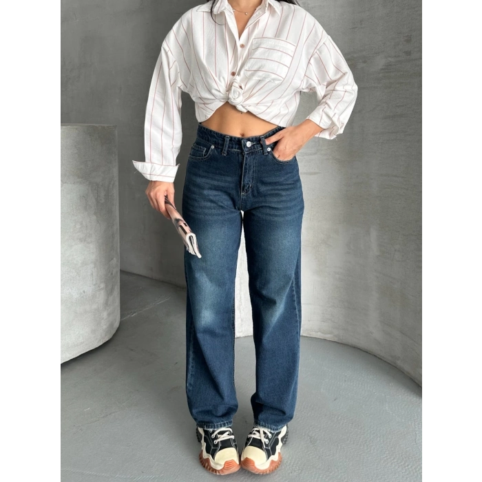 Palazzo bıyık enzim yıkama jeans pantolon koyu mavi d2008