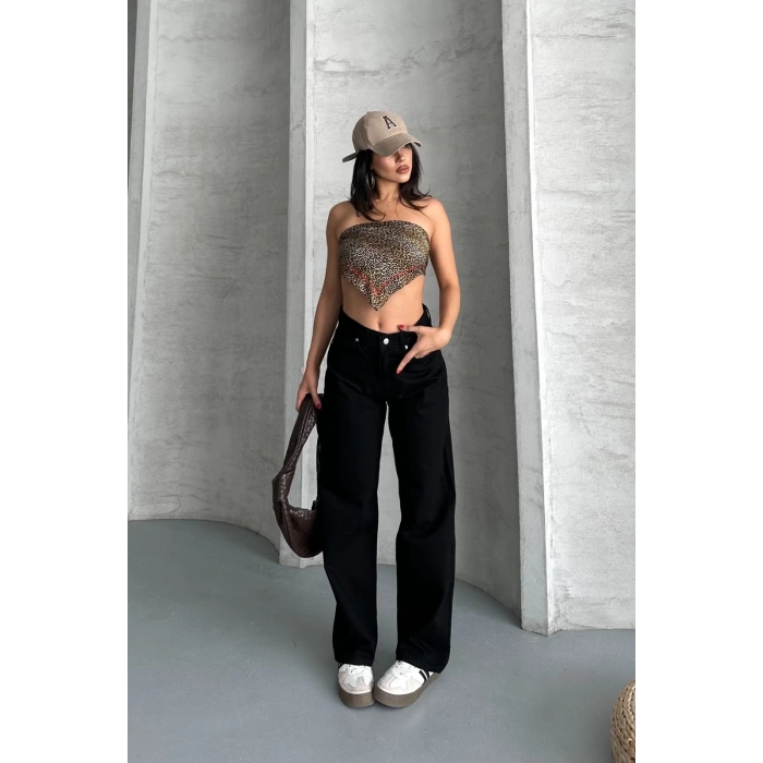 Palazzo straight enzim süper taş yıkama jeans pantolon siyah d2008