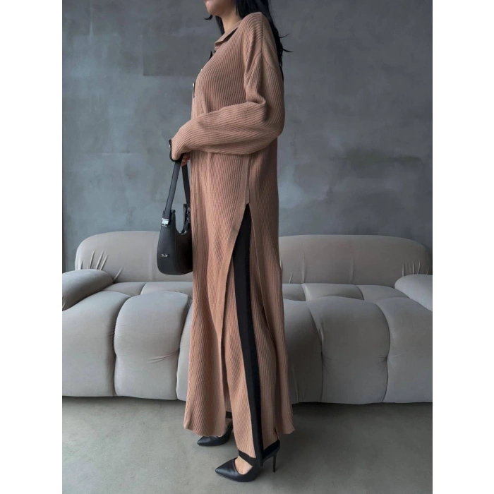 Pantolon yırtmaçlı elbise ikili triko takım vizon elf