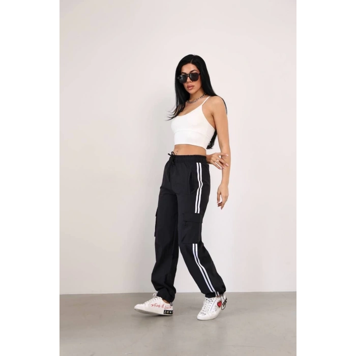 Paraşüt Kumaş Kargo Ceplı Baggy Eşofman - Siyah