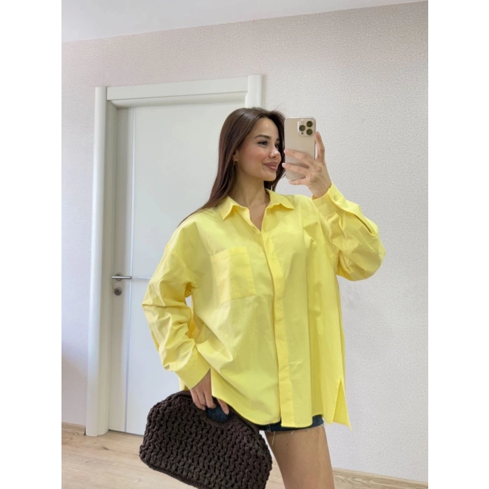 Poplin Kadın Yakalı Yandan Yırtmaçlı Arka Pens Detaylı Gömlek - Sarı
