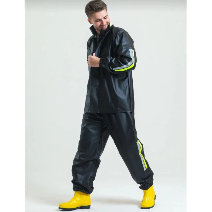 Premium Motorcu Kurye Yağmurluk Takım Su Geçirmez PVC Kumaş Reflektörlü TÜBİTAK Onaylı - Siyah