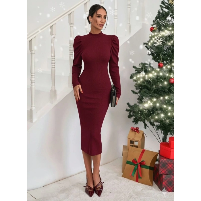 Prenses kol kaşkorse elbise bordo a3691