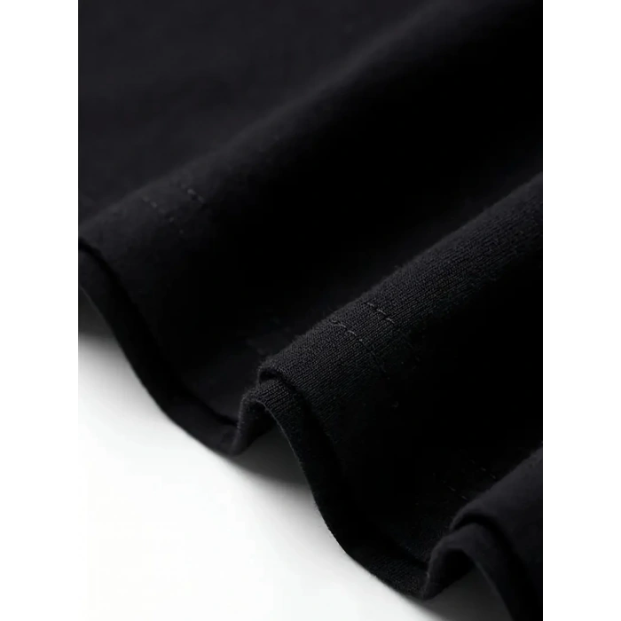 Rahat Bisiklet Yaka Tişört, Yaratıcı Karikatür Baskı - Yumuşak Polyester, Her Mevsim Giyilebilir- Siyah