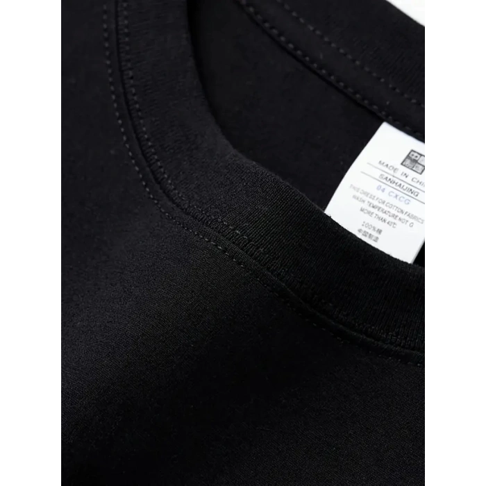 Rahat Bisiklet Yaka Tişört, Yaratıcı Karikatür Baskı - Yumuşak Polyester, Her Mevsim Giyilebilir- Siyah