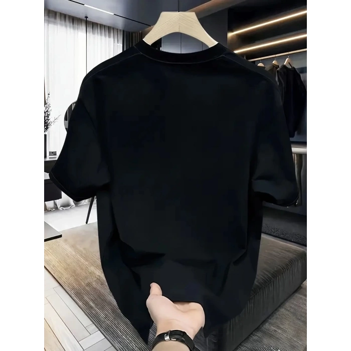 Rahat Bisiklet Yaka Tişört, Yaratıcı Karikatür Baskı - Yumuşak Polyester, Her Mevsim Giyilebilir- Siyah