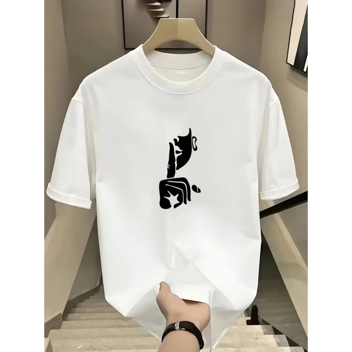 Rahat Bisiklet Yaka Tişört, Yaratıcı Karikatür Baskı - Yumuşak Polyester, Her Mevsim Giyilebilir- Beyaz