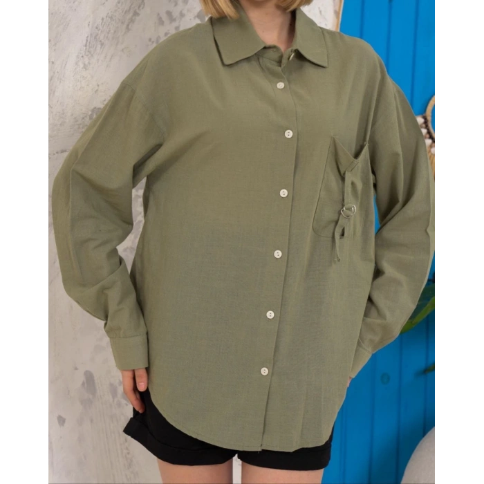 Relax fit keten gömlek haki s255349