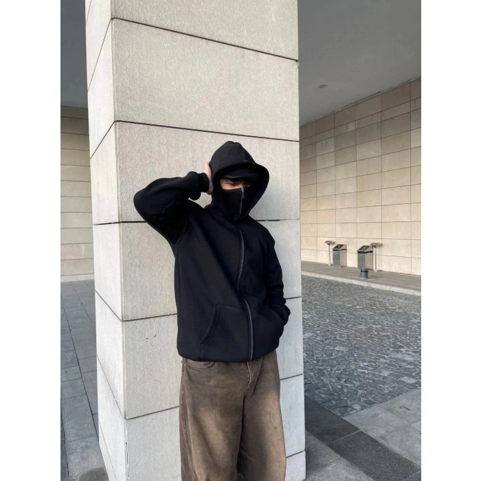 Samuray Ninja Çift Kapşonlu ZIP Fermuarlı Kanguru Çepli Tam Fermuarlı Hoodie Swetshirt - Siyah
