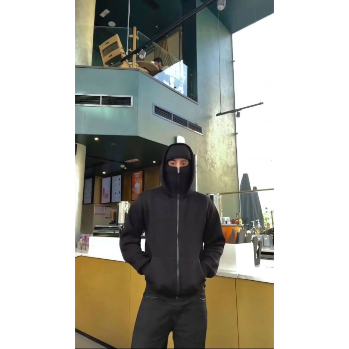 Samuray ZIP Fermuarlı Kapüşonlu SweatShirt- Siyah