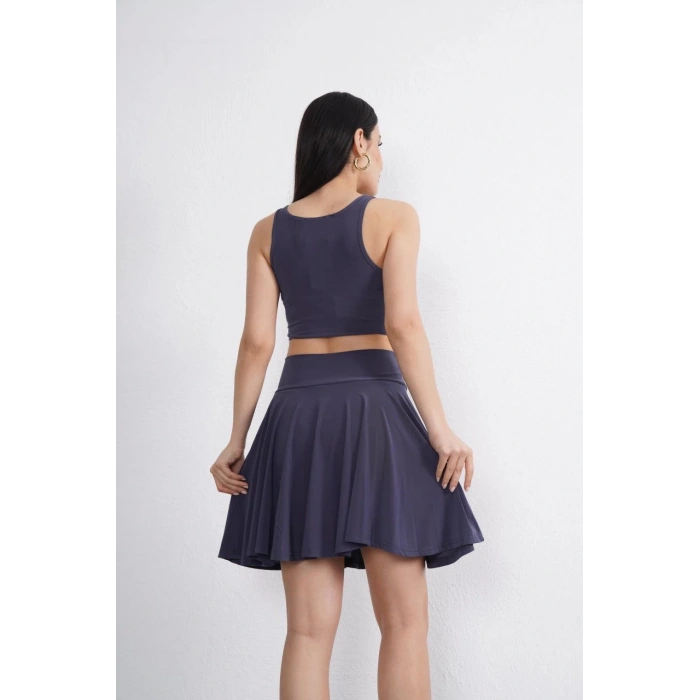 Sendy Kumaş Bisiklet Yaka Crop Şortlu Etek ikili Takım - Antrasit