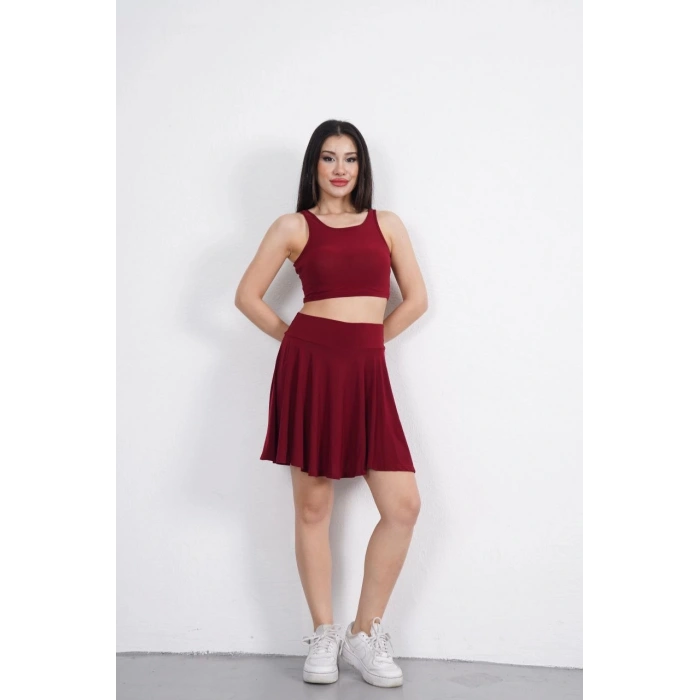 Sendy Kumaş Bisiklet Yaka Crop Şortlu Etek ikili Takım - Bordo