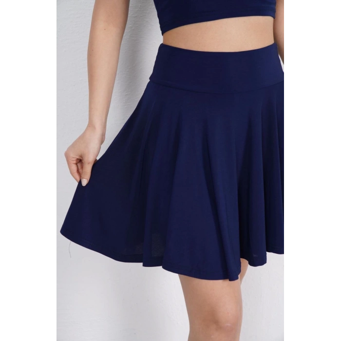 Sendy Kumaş Bisiklet Yaka Crop Şortlu Etek ikili Takım - Lacivert