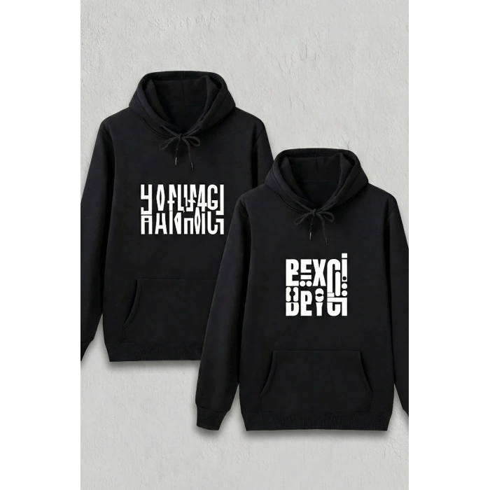 Sevgililer Günü Beyci Hediye Baskılı Oversize Kapüşonlu Sweatshirt - Siyah