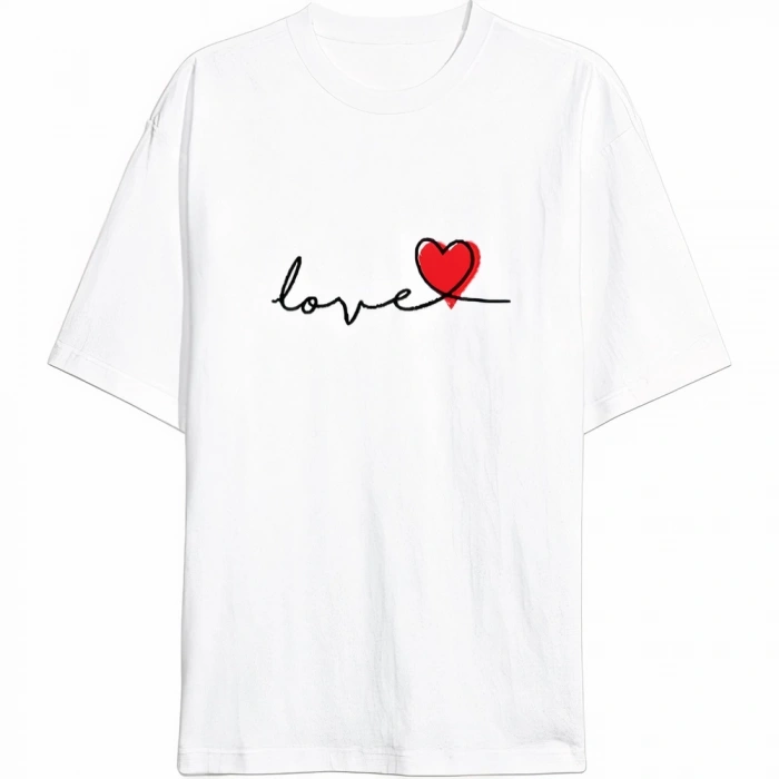 Sevgililer Günü İçin Özel Tasarım Love Baskılı T-shirt - Beyaz