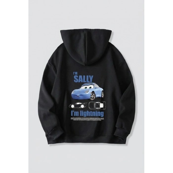 Sevgililer Günü Özel Kapüşonlu Araba Baskılı Oversize Sweatshirt - Siyah