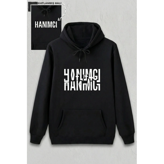 Sevgililer Günü Özel Kapüşonlu Hanımcı Baskılı Oversize Sweatshirt - Siyah