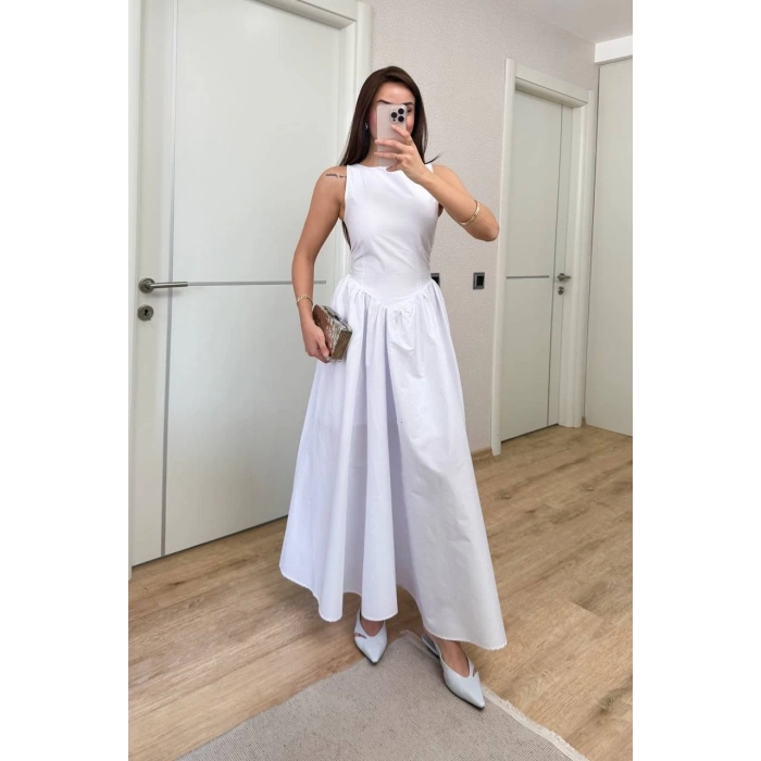 Sifir Kol Beli Oturtmalı Kolsuz Uzun Elbise - Beyaz