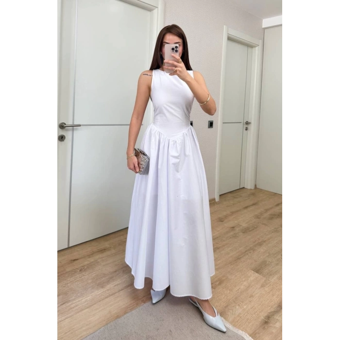 Sifir Kol Beli Oturtmalı Kolsuz Uzun Elbise - Beyaz