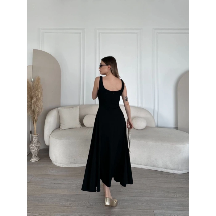 Sırt Dekolteli Kolsuz Uzun Elbise - Siyah