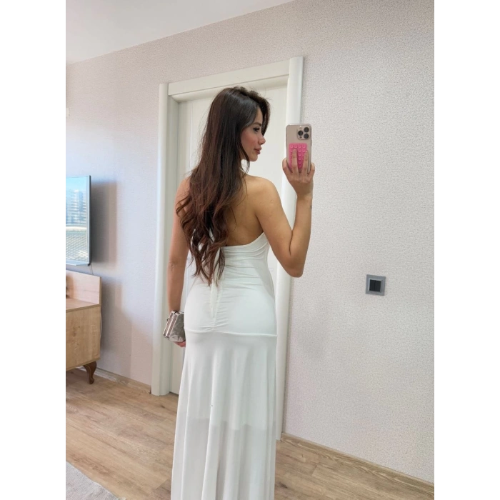 Sırt dekolteli Uzun Elbise - Beyaz