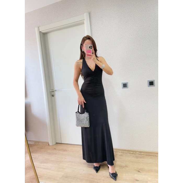 Sırt dekolteli Uzun Elbise - Siyah