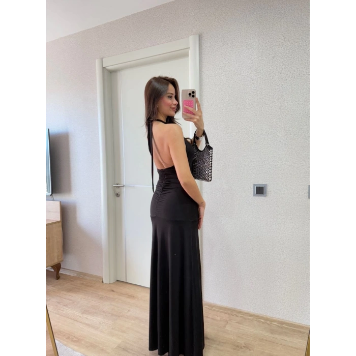 Sırt dekolteli Uzun Elbise - Siyah