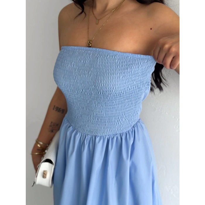 Straplez Pileli Elbise - Açık Mavi