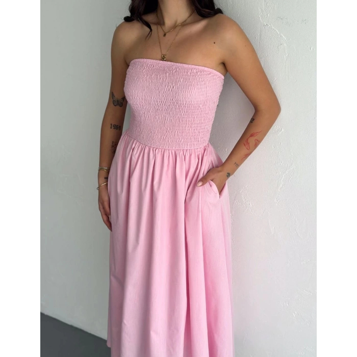 Straplez Pileli Elbise - Pembe