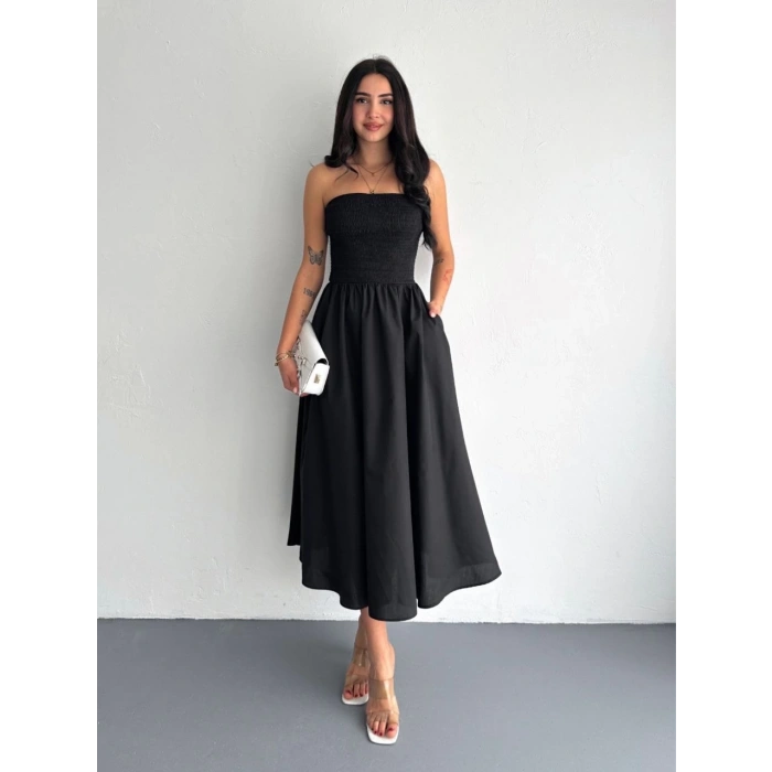 Kadın Straplez Pileli Elbise - Siyah