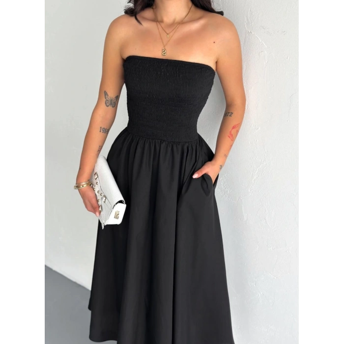 Kadın Straplez Pileli Elbise - Siyah