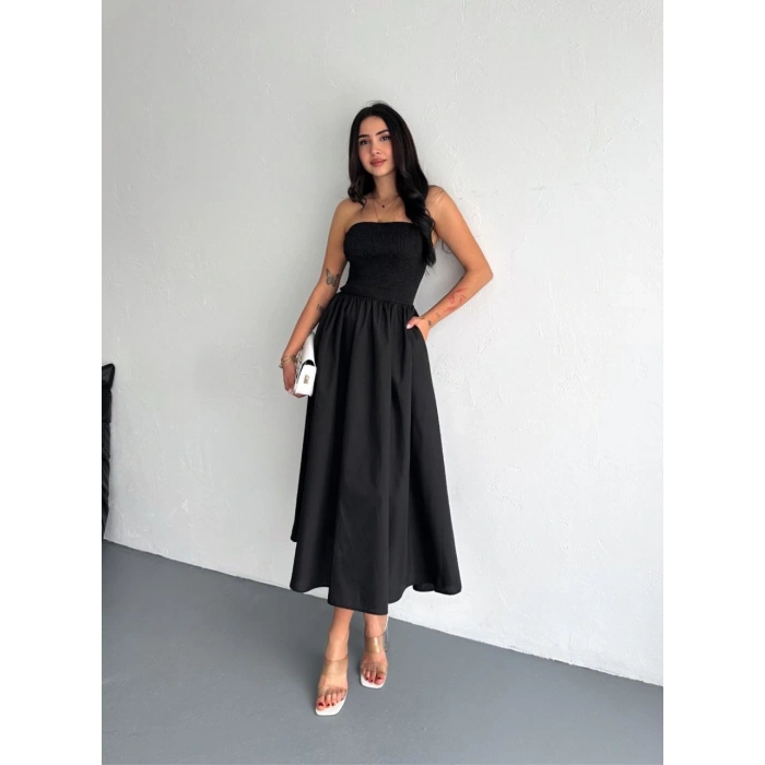 Kadın Straplez Pileli Elbise - Siyah