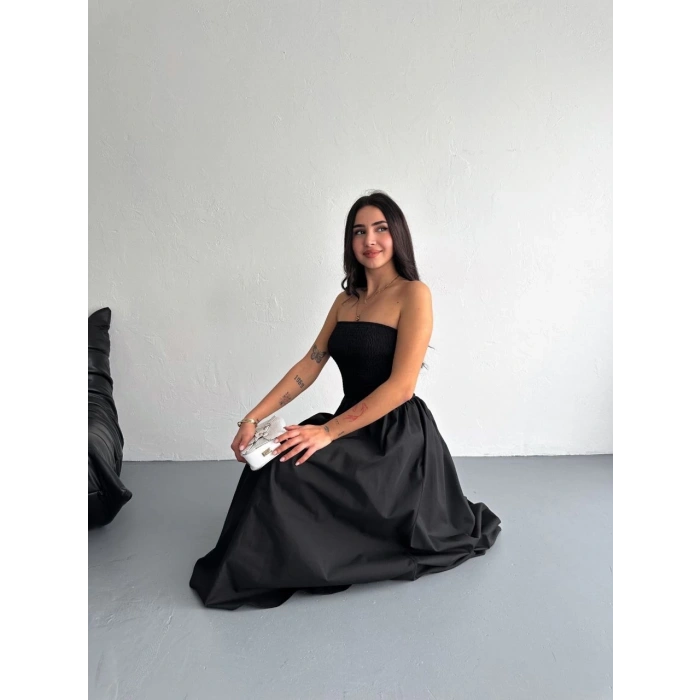 Kadın Straplez Pileli Elbise - Siyah