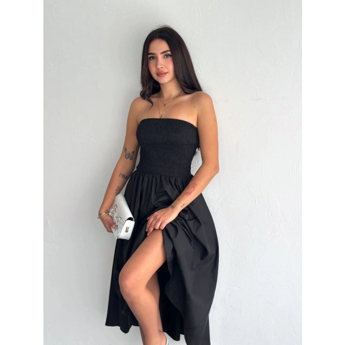 Kadın Straplez Pileli Elbise - Siyah