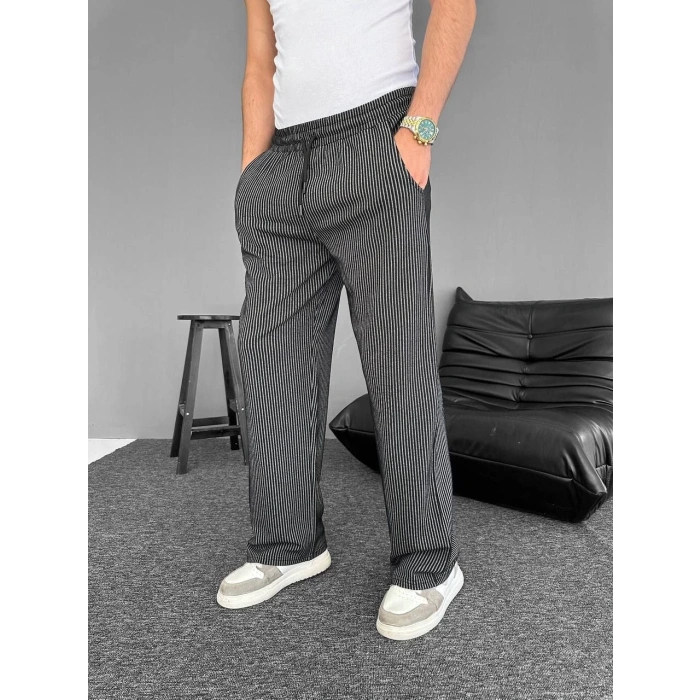 Su Yolu Çizgili Cepli Pantalon - Siyah