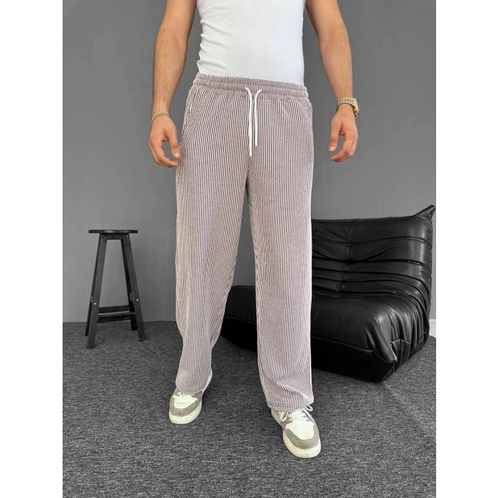 Su Yolu Çizgili Cepli Pantalon Yazlık - Kahverengi