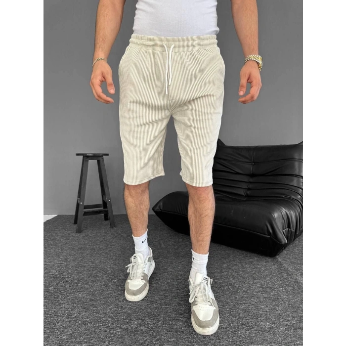 Su Yolu Çizgili Ön Arka Cepli Şort Yazlık Nefes Alabilir - Bej