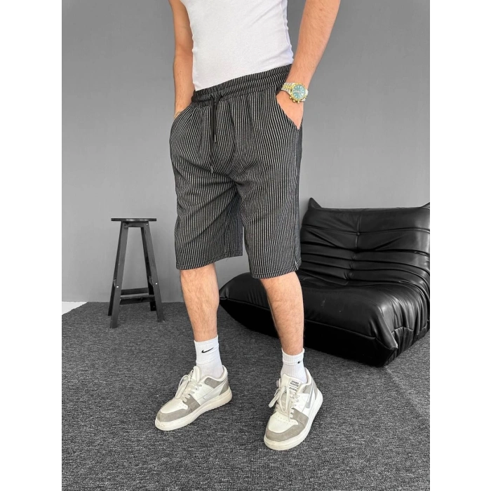 Su Yolu Çizgili Ön Arka Cepli Şort Yazlık Nefes Alabilir - Siyah