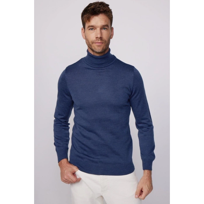 Erkek Tam Boğazlı Balıkçı Yaka Kazak Uzun Kol Düz Dokuma Triko - İndigo