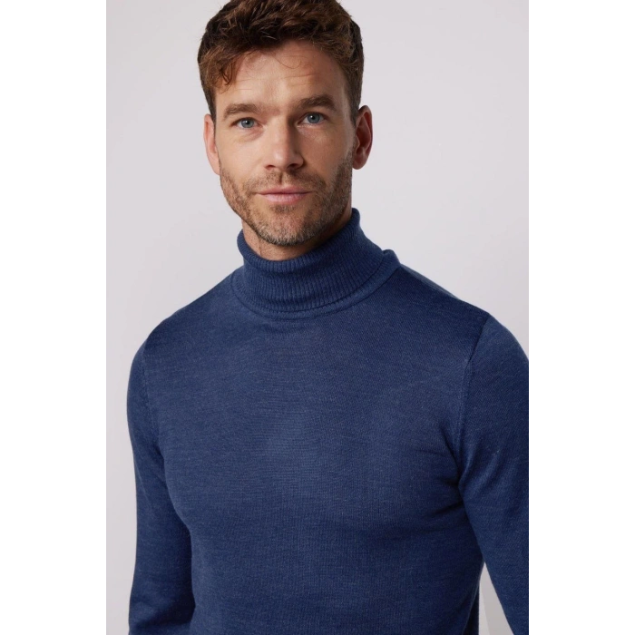 Erkek Tam Boğazlı Balıkçı Yaka Kazak Uzun Kol Düz Dokuma Triko - İndigo